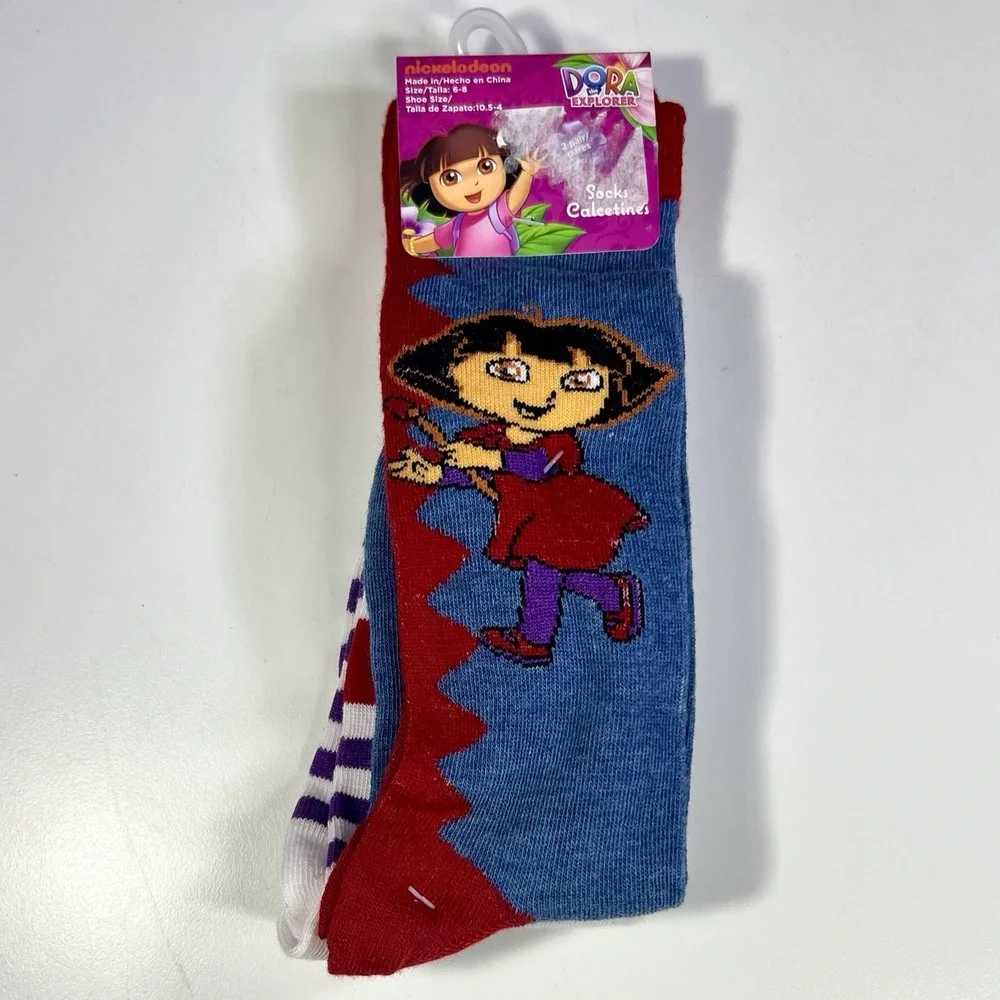Nickelodeon Dora The Explorer & Boots Calf Socks Girl 6-8 Blue Maroon Pair/2 NWT